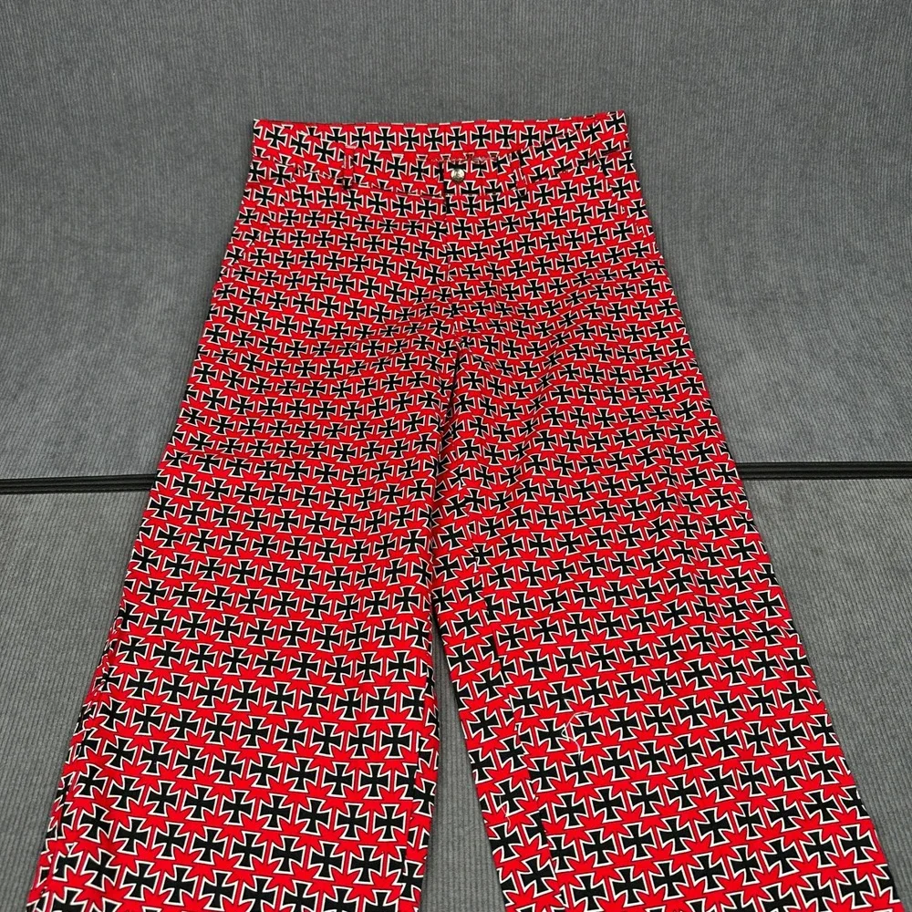 Vintage Lifes A Beach Iron Cross Print Pants Red Black Surf Streetwear 31x34